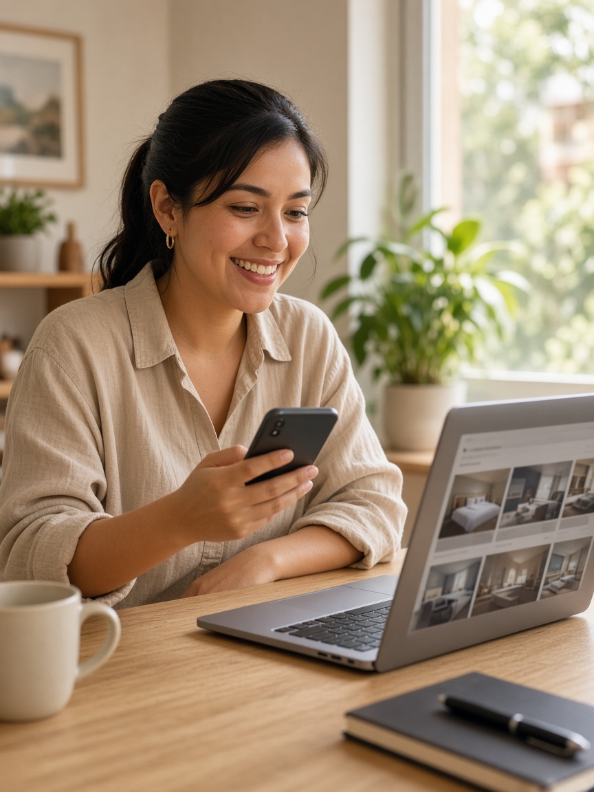 Mujer mexicana trabajando desde casa con laptop y celular para hotel